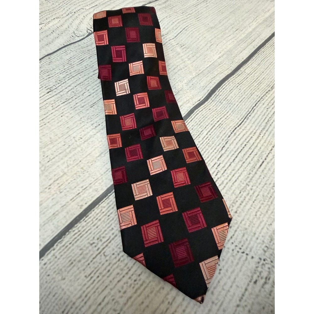 BCBG Attitude Silk Necktie Mens Black Red Pink Geometric Square Hand Sewn Tie